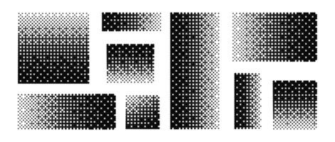 Pixelated gradient set. Dither element collection. Dissolving halftone square and rectangular shapes. Black and white disintegration dispersion or destruction effect. Dotted pattern texture vector