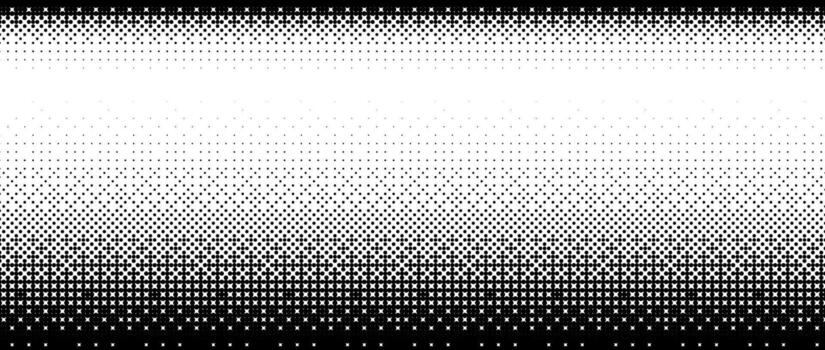 Pixelated bitmap gradient texture. Black and white dither pattern background. 8 bit game screen wallpaper. Retro glitchy pixel art illustration. Abstract wide border vector