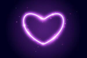 Neon glow heart frame. Illuminated purple heart-shaped shape with sparks. Neon color lighting design element for banner, poster, collage, template. Shining sign with sparkles. vector