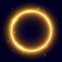 Yellow glowing circle frame with sparks. Warm orange electric lights round form. Illuminated shining design element for banner, poster, cover. Circular radial flare with sparkles. vector