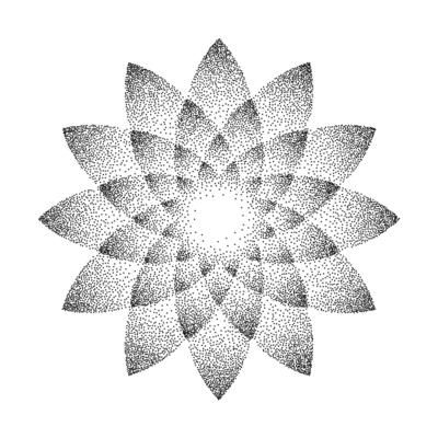 Stippled flower background. Dotted ornament mandala. Noise grain star shape. Abstract black floral petals decoration. Dotwork radial pattern design for tattoo, poster, clothes, badge, sticker.
