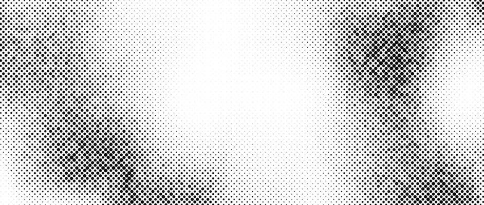 Aged halftone noise gradient. Grunge dirty speckles and spots background. White and black faded sand grain wallpaper. Retro pixelated comic horizontal backdrop. Pop art texture