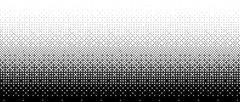 Pixelated bitmap gradient texture. Black and white dither pattern background. Abstract glitchy pattern. 8 bit game screen wallpaper. Retro pixel art illustration. Wide border vector
