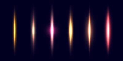 Neon divider lines set. Glowing vertical stripes collection. Fluorescent electric light sticks pack. Shining laser beams LED effect bundle. Pink, yellow, red elements for poster, banner, cover vector