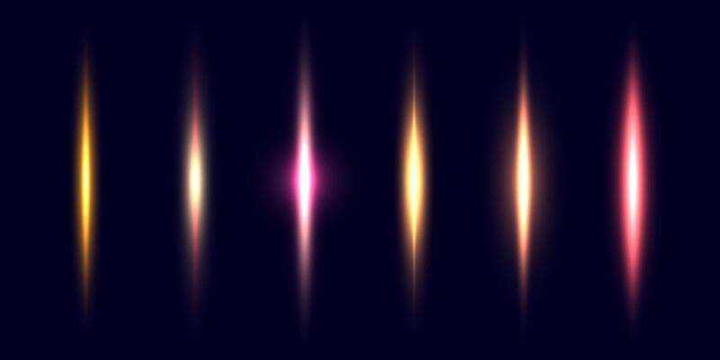 Neon divider lines set. Glowing vertical stripes collection. Fluorescent electric light sticks pack. Shining laser beams LED effect bundle. Pink, yellow, red elements for poster, banner, cover