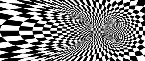 Abstract hypnotic spinning checkered background. Black and white check tunnel wallpaper. Psychedelic twisted square pattern. Rotating template for posters, banners, cover. Optical illusion vector