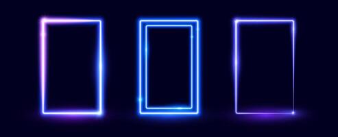 Neon glowing rectangular door set. Blue purple shining rectangle border. Electric light frame collection. Illuminated wide violet design element for banner, poster, collage, cover. vector