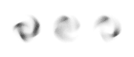 Abstract fluid stippled gradient elements. Noise grain texture stains shape set. Black and white dotted spray forms and sand dust spots. Halftone splatter shades collection. Dot work splashes vector