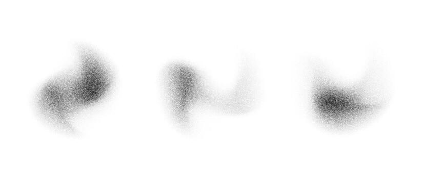 Abstract fluid stippled gradient splashes. Noise grain texture stains shape set. Black and white dotted spray shades and sand dust spots. Halftone splatter forms collection. Dotwork elements vector