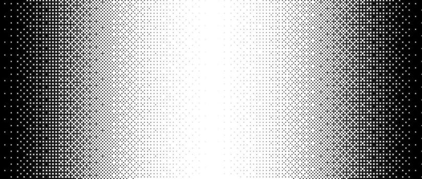 Pixelated bitmap gradient texture. Black and white dither pattern background. Abstract glitchy pattern. 8 bit game screen wallpaper. Pixel art retro Illustration. Wide border vector