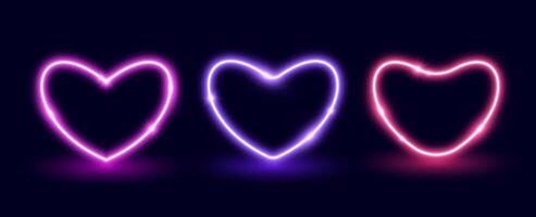 Neon glow heart frame set. Illuminated colorful heart-shaped sign collection. Neon color lighting design elements for banner, poster, collage. Shining signs illustration pack vector