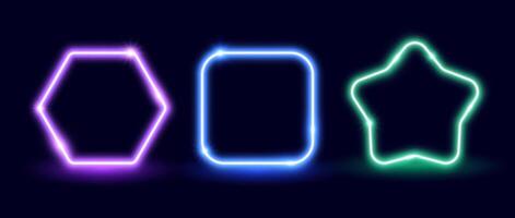 Neon colorful glow frame set. Illuminated star, square, hexagon shapes collection. Neon lighting design elements for banner, poster, collage, template. Shining signs illustration pack vector