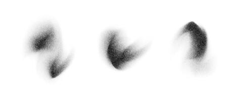 Abstract textured smudge elements. Noise grain stippled gradient stains set. Black and white dotted spray and sand dust spots. Halftone splatter forms collection. Dot work splash shapes pack vector