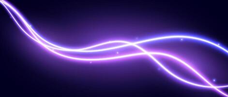 Neon glowing waves background. Purple pink wavy flowing curve shapes wallpaper. Electric light swirl lines with sparkles. Magic shiny violet trails backdrop. Wavy path illustration vector