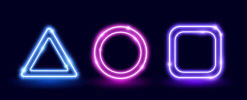 Neon blue glow frame set. Illuminated square, triangle, circle shapes collection. Neon color lighting design elements for banner, poster, collage. Shining signs illustration pack vector