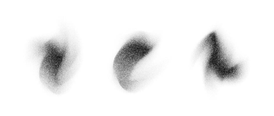 Abstract fluid textured gradient elements. Noise grain stippled stains shape set. Black and white dotted spray shades and sand dust spots. Halftone splatter forms collection. Dot work splashes