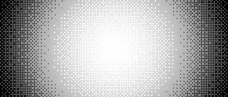 Pixelated radial gradient texture. Black and white bitmap dither central pattern background. Abstract fade glitchy pattern. game screen wallpaper. Retro pixel art. Halftone wide border vector