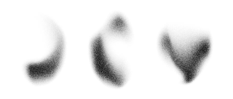 Abstract dotted smudge elements. Noise grain stippled gradient stains set. Black and white textured spray and sand dust spots. Halftone splatter forms collection. Dot work splash shapes pack