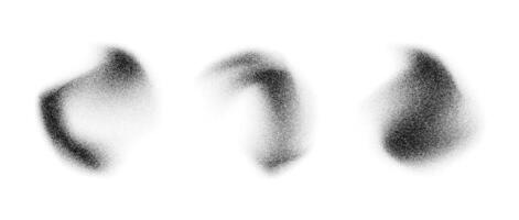 Curved fluid stippled gradient elements. Noise grain texture stains shape set. Black and white dotted spray forms and sand dust spots. Halftone splatter shades collection. Dot work splashes vector