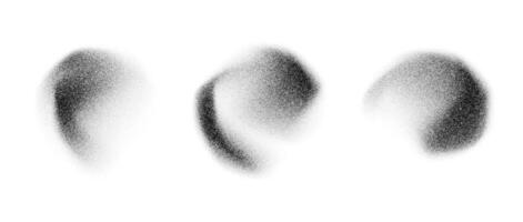 Radial fluid stippled gradient elements. Noise grain texture stains shape set. Black and white dotted spray forms and sand dust spots. Halftone splatter shades collection. Dot work splashes vector