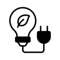 Light with plug and leaves is denoting eco power concept, glyph icon. vector