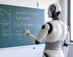 Humanoid robot teacher pointing at mathematical equations on classroom blackboard in modern educational setting photo