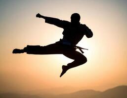 Dynamic silhouette of a martial artist performing a powerful flying kick against a sunset sky, symbolizing strength and discipline. photo