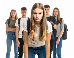 Teenage girl looking upset with group of students in background depicting bullying concept photo