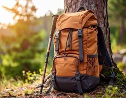 Orange hiking backpack with trekking poles resting against tree trunk in forest, showcasing outdoor adventure gear and wilderness exploration equipment. photo