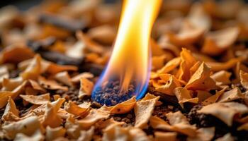 close up view of flame crawling through thin shavings of wood. photo