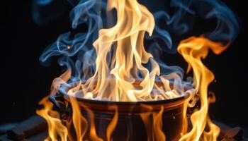 close up view of high flames billowing from a cauldron in complete darkness. photo