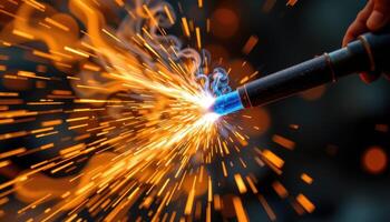close up view of intense fire bursting from a welding torch. photo