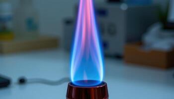 close up view of blue flame flaring inside a laboratory bunsen burner. photo