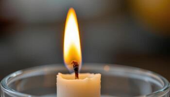 close up view of flame creeping slowly along a twisted candle wick. photo