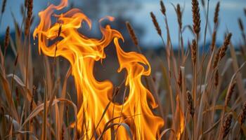 close up view of wild orange fire leaping through tall, dry reeds. photo