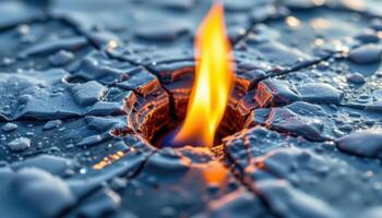 close up view of a flame trapped behind cracked ice, refracted and distorted beautifully. photo