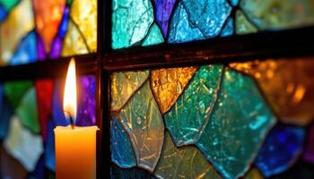 close up view of candlelight flickering behind stained glass, casting colorful flame patterns. photo