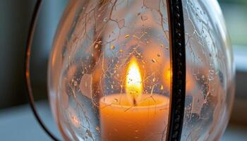 close up view of a candle flame barely visible inside a frosted glass lantern, with soft light diffusing gently. photo