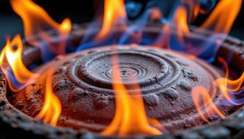 close up view of licking flames surrounding a clay pot, illuminating its intricate textures. photo