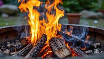 close up view of a roaring blaze shooting up from a pile of logs in an outdoor fire pit, surrounded by smoky air. photo