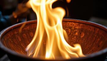 close up view of firelight dancing across the surface of a copper bowl. photo