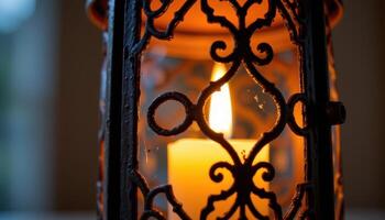 close up view of candlelight glowing through an ornate metal pattern in a lantern. photo