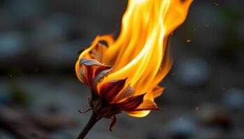close up view of flames engulfing a dried flower, curling petals as they turn to ash. photo