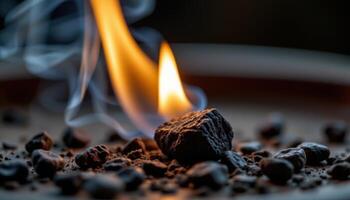 close up view of burning incense coal, glowing beneath a faint, whispering flame. photo