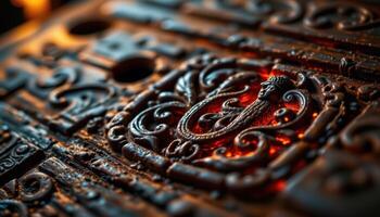 close up view of firelight illuminating carvings on a wooden surface. photo