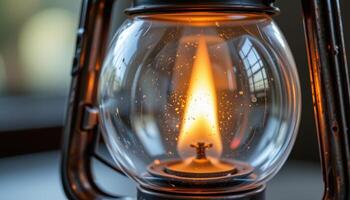 close up view of an oil lamp's flame flickering against a weathered glass chimney, casting soft shadows and subtle reflections. photo