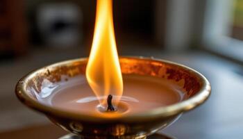 close up view of a twisting flame rising from an oil lamp, with golden reflections on the brass rim. photo