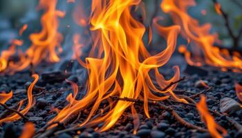 close up view of fiery orange and red flames intertwining as they surge upward in a wild brush fire, their chaotic movement captured in vivid detail. photo