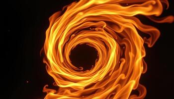 close up view of a swirling flame inside a fire tornado simulation, with tongues of fire twisting rapidly in a spiral column. photo
