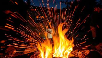 close up view of fiery trails left behind by fast moving sparks as they rise from a blazing campfire into the night air. photo